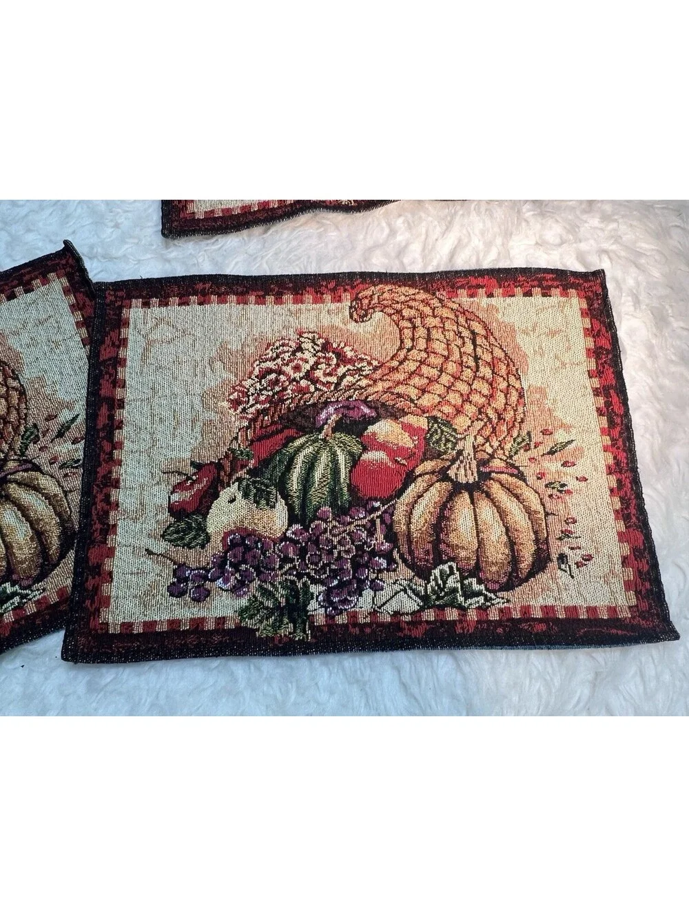 Fall Harvest Cornucopia Tapestry Placemats Set of 3 Thanksgiving Table Decor